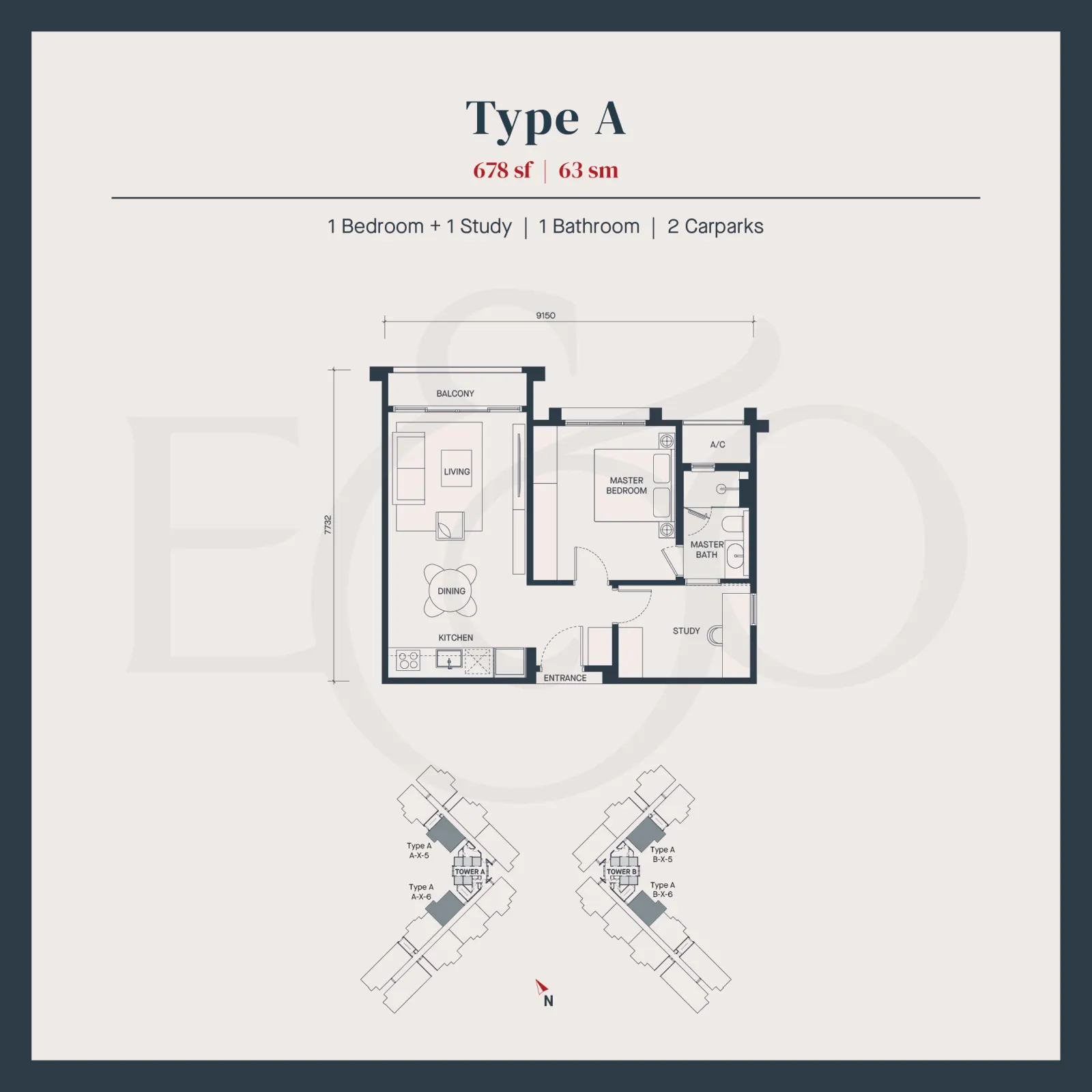 AVÉA Type A | 678 sft 63 sqm | 1 Bedroom + 1 Study | 1 Bathroom | 2 Carparks floor plan