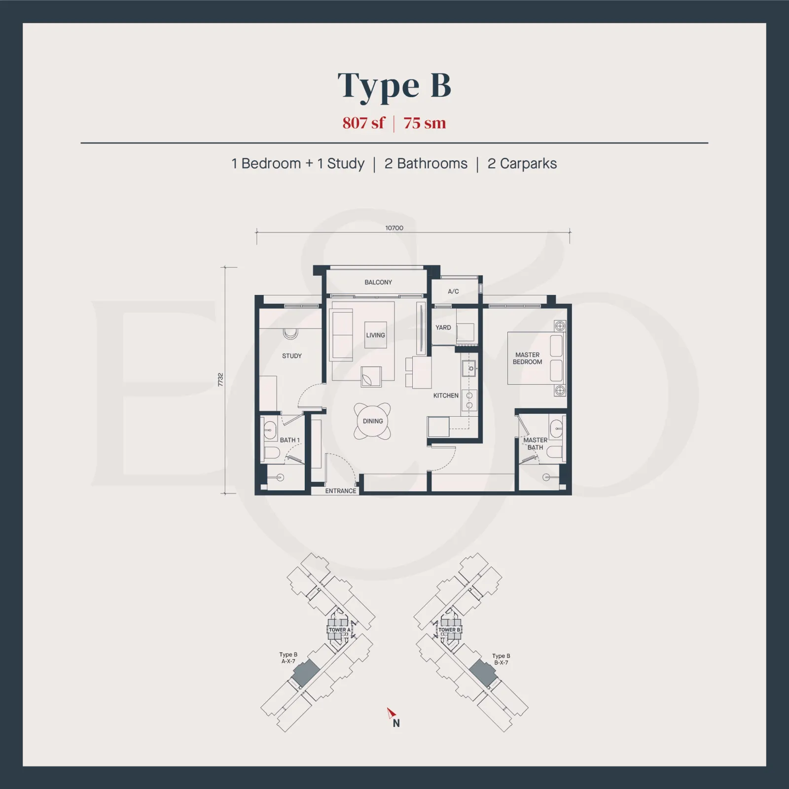 AVÉA Type B | 807 sft 75 sqm | 1 Bedroom + 1 Study | 2 Bathroom | 2 Carparks floor plan