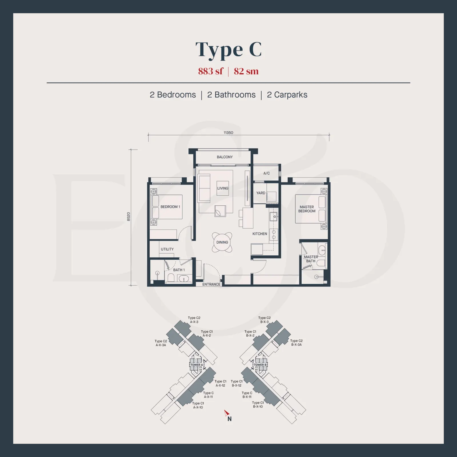 AVÉA Type C | 883 sft 82 sqm | 2 Bedroom | 2 Bathroom | 2 Carparks floor plan