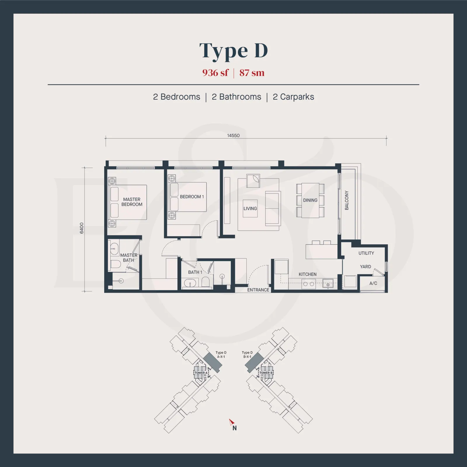AVÉA Type D | 936 sft 87 sqm | 2 Bedroom | 2 Bathroom | 2 Carparks floor plan