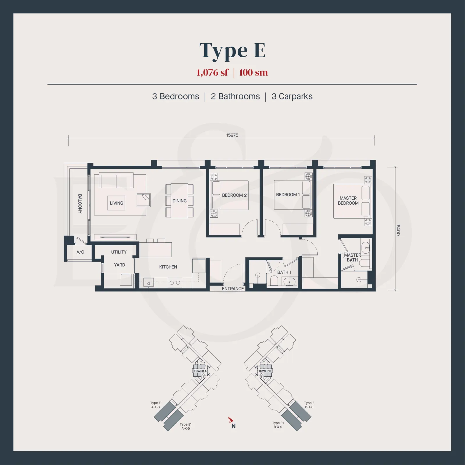 AVÉA Type E | 1076 sft 100 sqm | 3 Bedroom | 2 Bathroom | 3 Carparks floor plan
