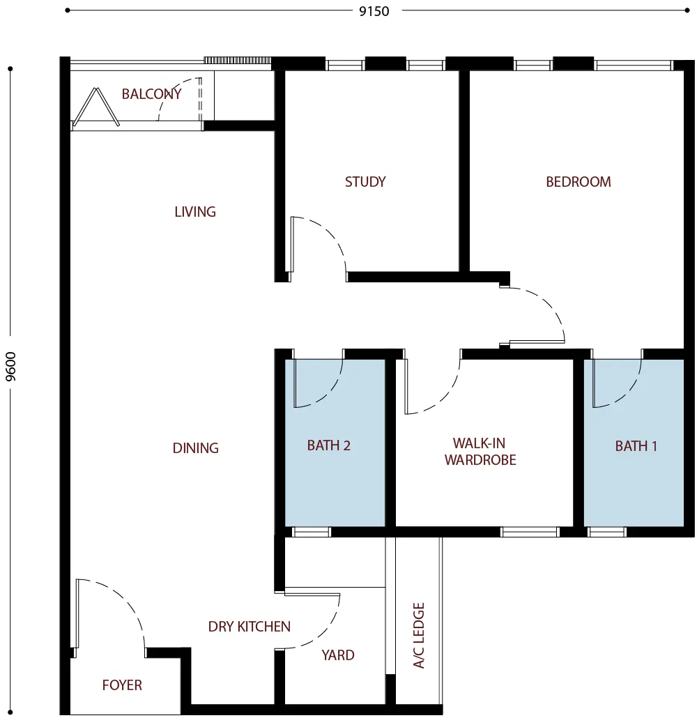 Residensi Bayu Damai Type B - 834 sq.ft. floor plan