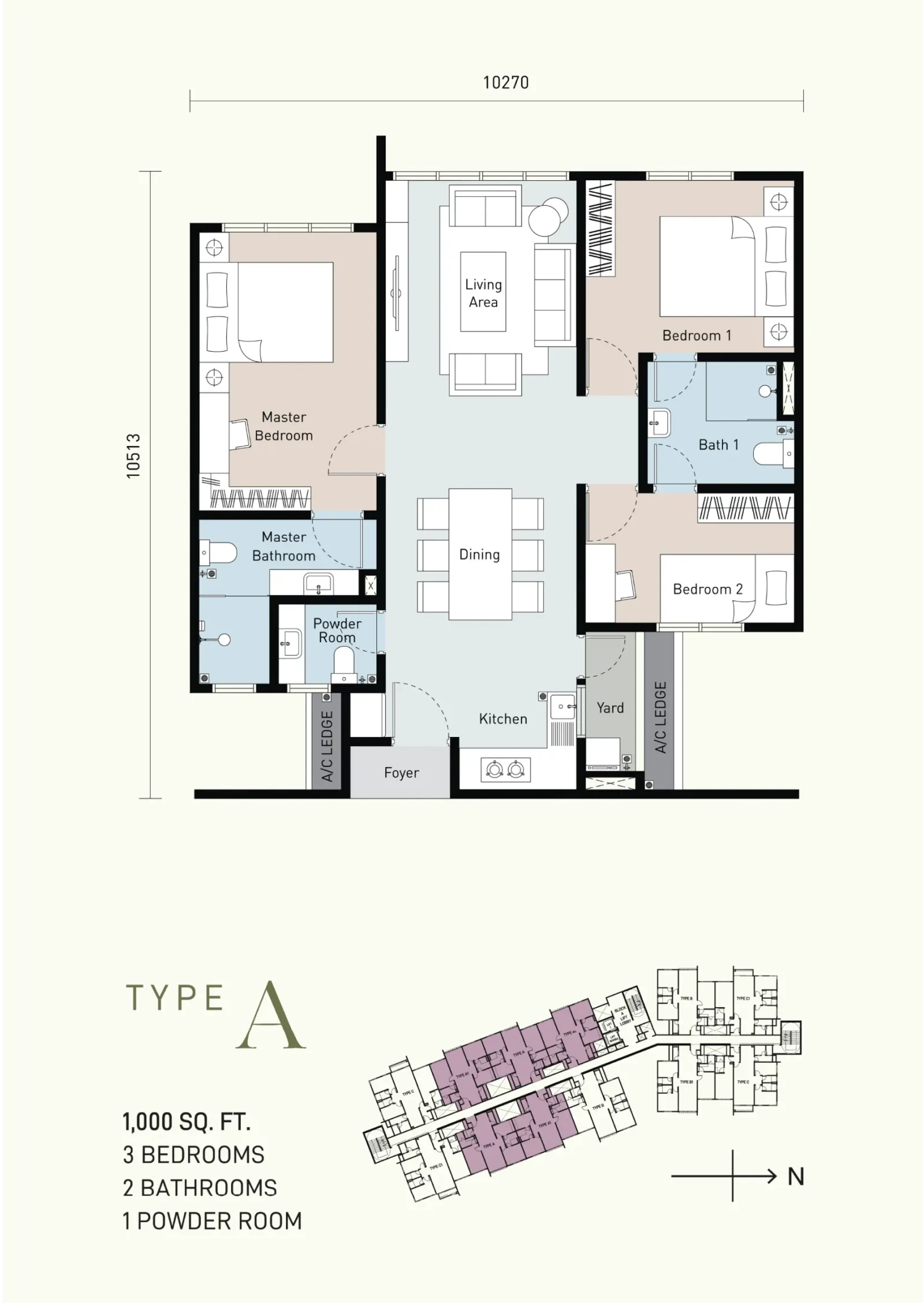 Bayu Timur Residences TYPE A - 1,000 SQ. FT. 3 BEDROOMS 2 BATHROOMS floor plan