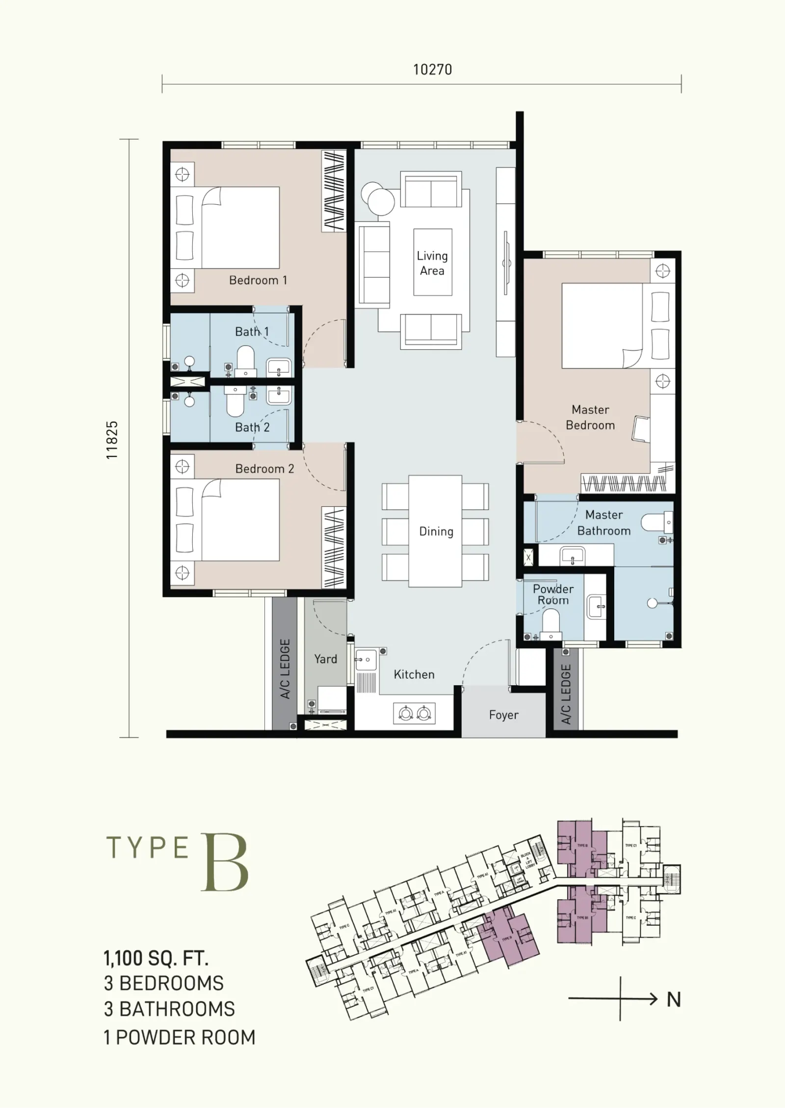Bayu Timur Residences TYPE B - 1,100 SQ. FT. 3 BEDROOMS 3 BATHROOMS floor plan