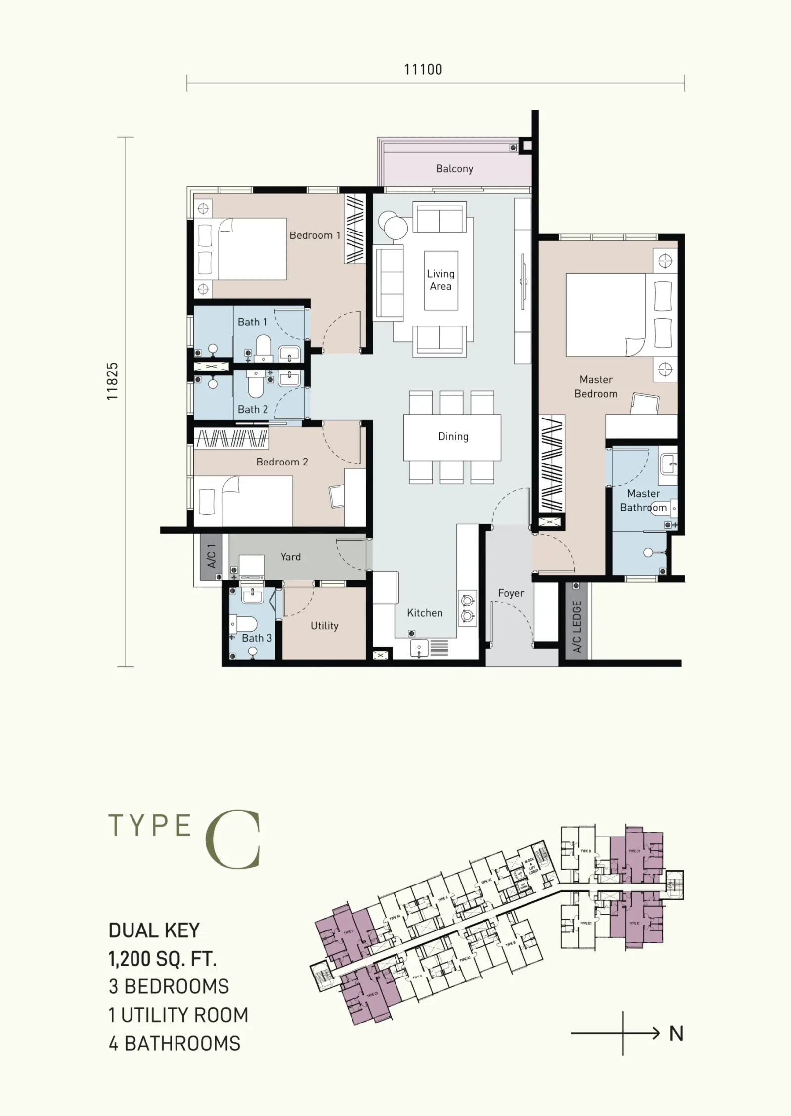 Bayu Timur Residences TYPE C - DUAL KEY 1,200 SQ. FT. 3 BEDROOMS 1 UTILITY ROOM 4 BATHROOMS floor plan