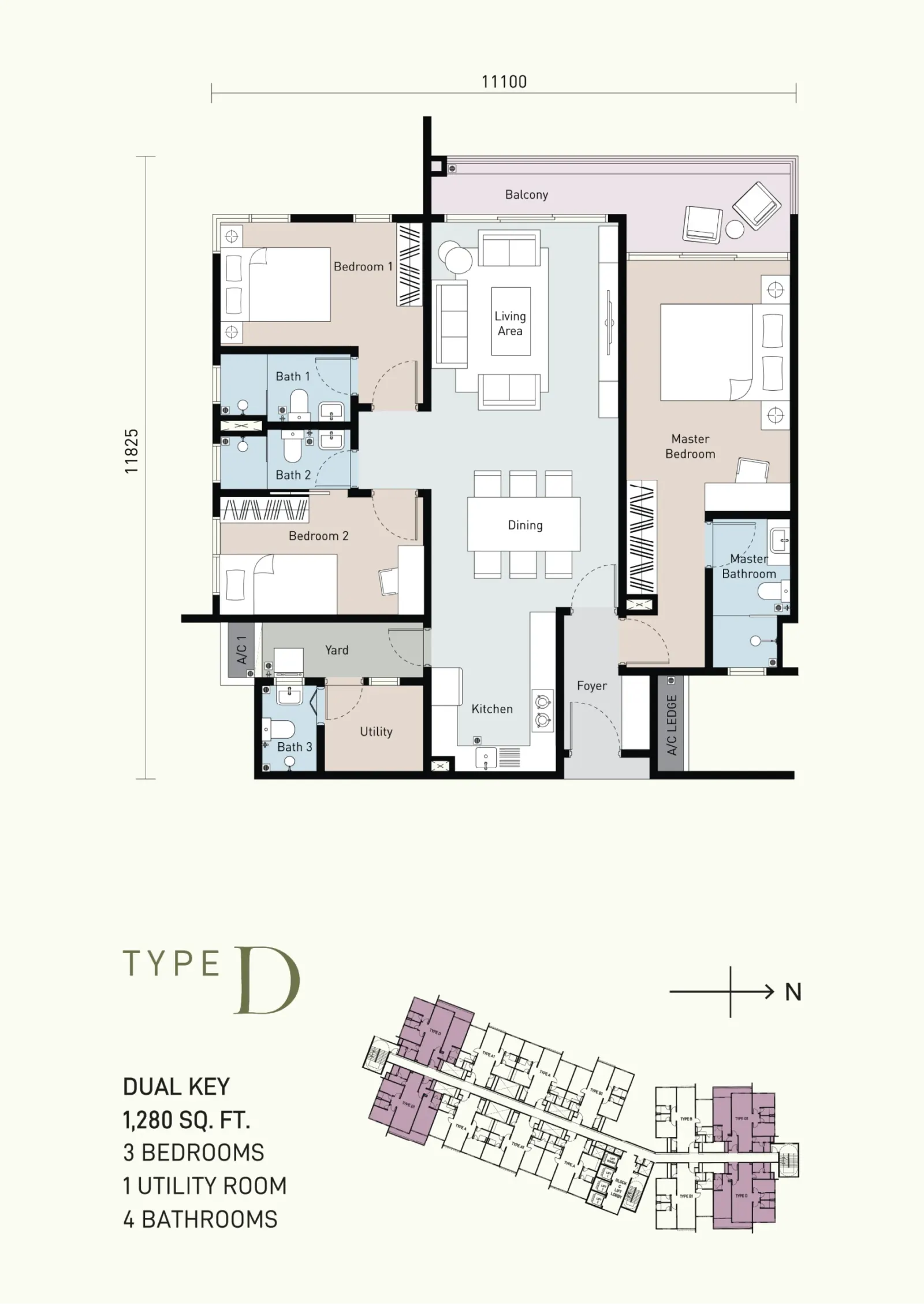 Bayu Timur Residences TYPE D - DUAL KEY 1,280 SQ. FT. 3 BEDROOMS 1 UTILITY ROOM 4 BATHROOMS floor plan