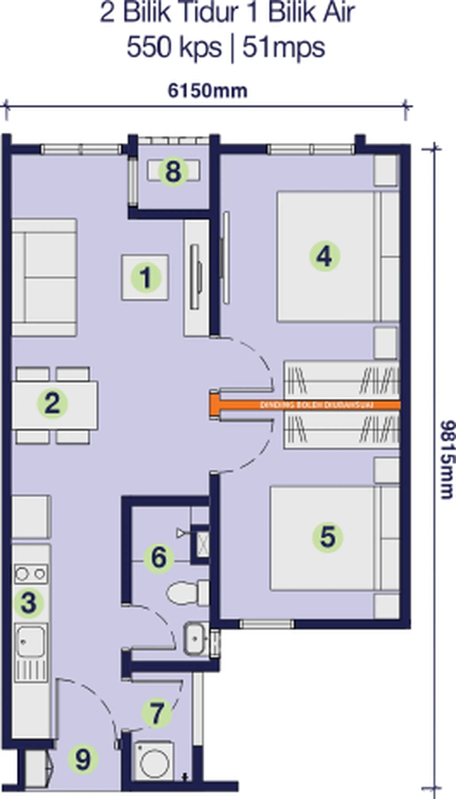D’Nuri Residences 2 Bedroom 1 Bathroom 550 sqft | 51 sqm floor plan