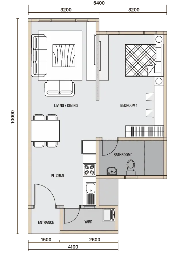 Daya 1 Residence TYPE A - 590 sf. floor plan