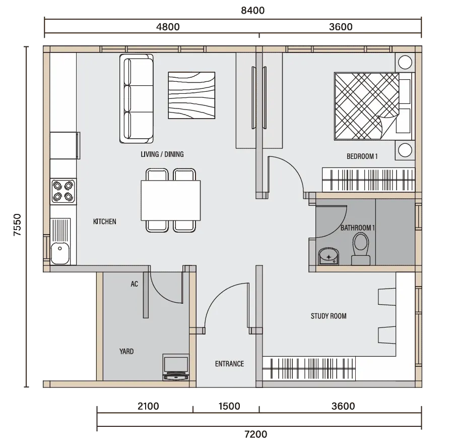 Daya 1 Residence TYPE A1 - 649 sf. floor plan