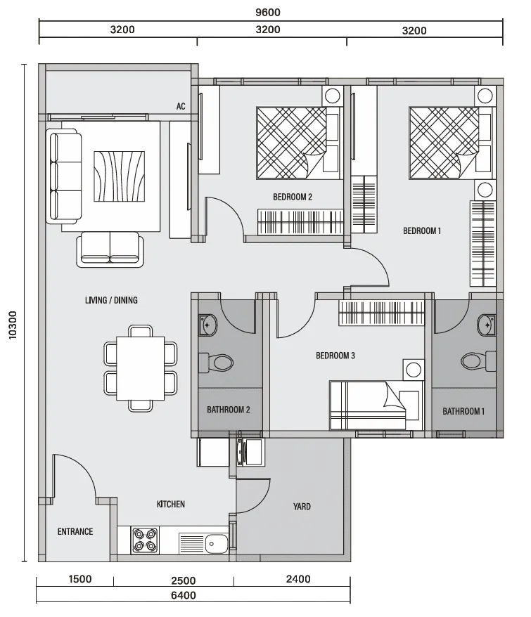 Daya 1 Residence TYPE C - 954 sf. floor plan