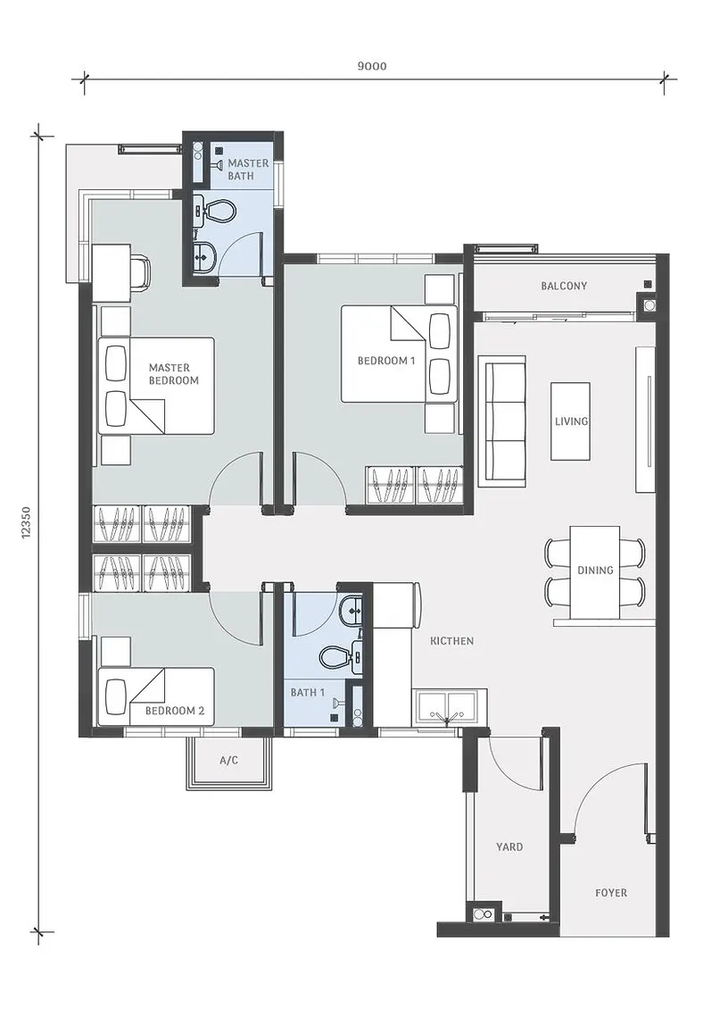 Dedaun Residensi TYPE D,D1, E,E1, F, F1 - 850 sq. ft 3 Bedrooms 2 Bathrooms floor plan