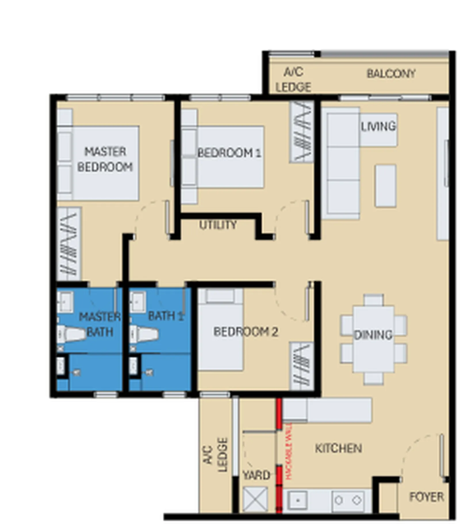 D'Evia Residences Type B1 - 958 sq.ft. floor plan