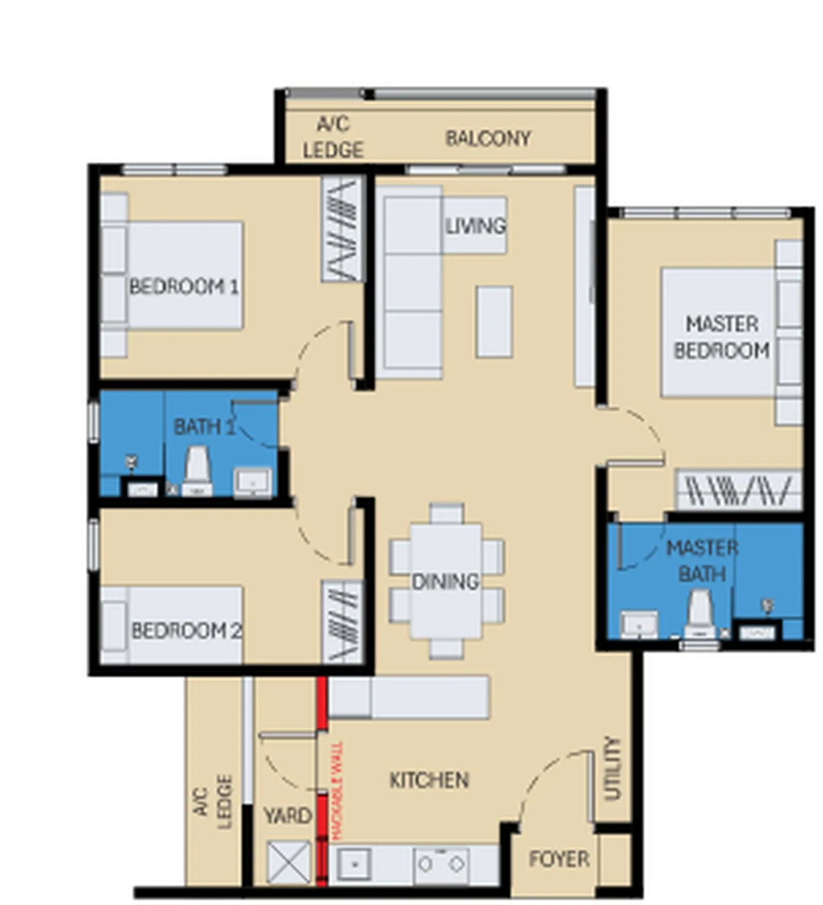 D'Evia Residences Type B3 - 958 sq.ft. floor plan