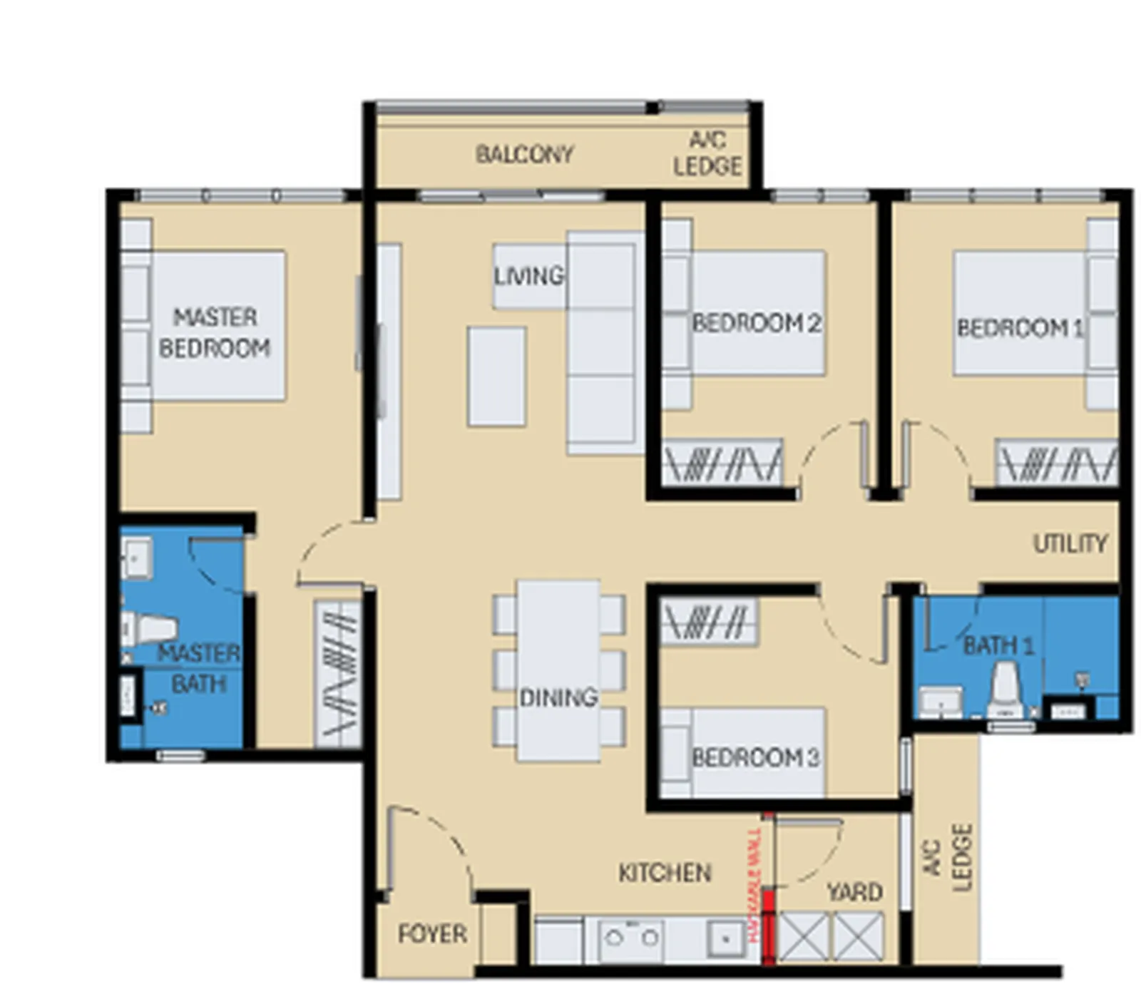 D'Evia Residences Type C1 - 1,109 sq.ft. floor plan