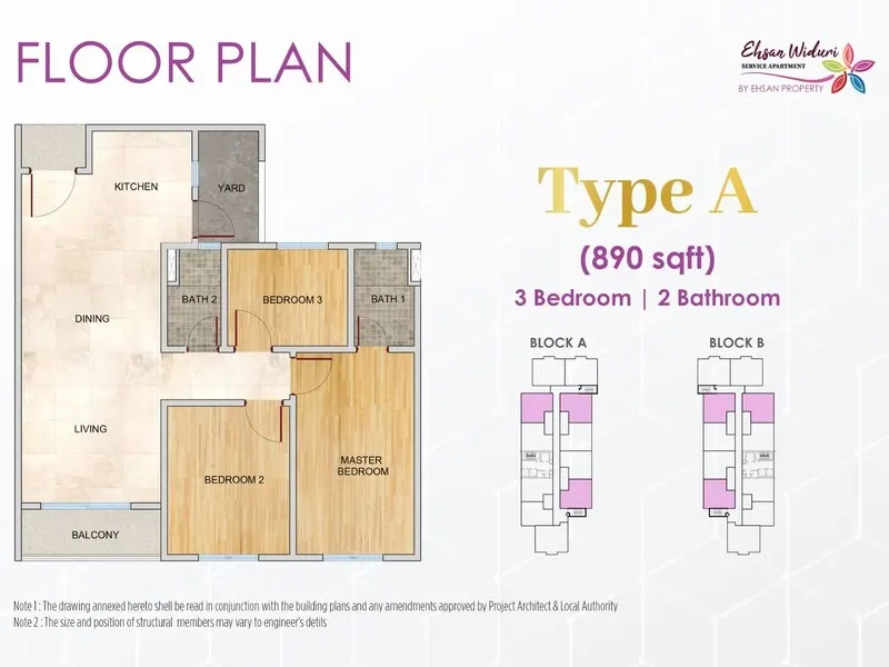 Ehsan Widuri Type A - 890 sq.ft 3 Bedrooms 2 Bathrooms floor plan