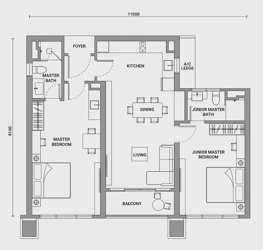 Enlace Suites 1 & 2 Type C2 - 979 Sqft - 2 Bedrooms 2 Bathrooms floor plan