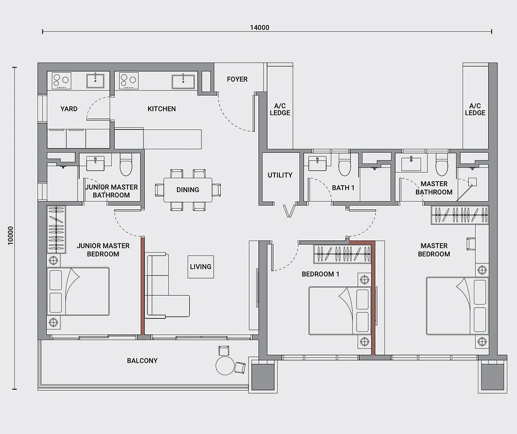 Enlace Suites 1 & 2 Type D1 - 1,227 Sqft - 3 Bedrooms 3 Bathrooms floor plan