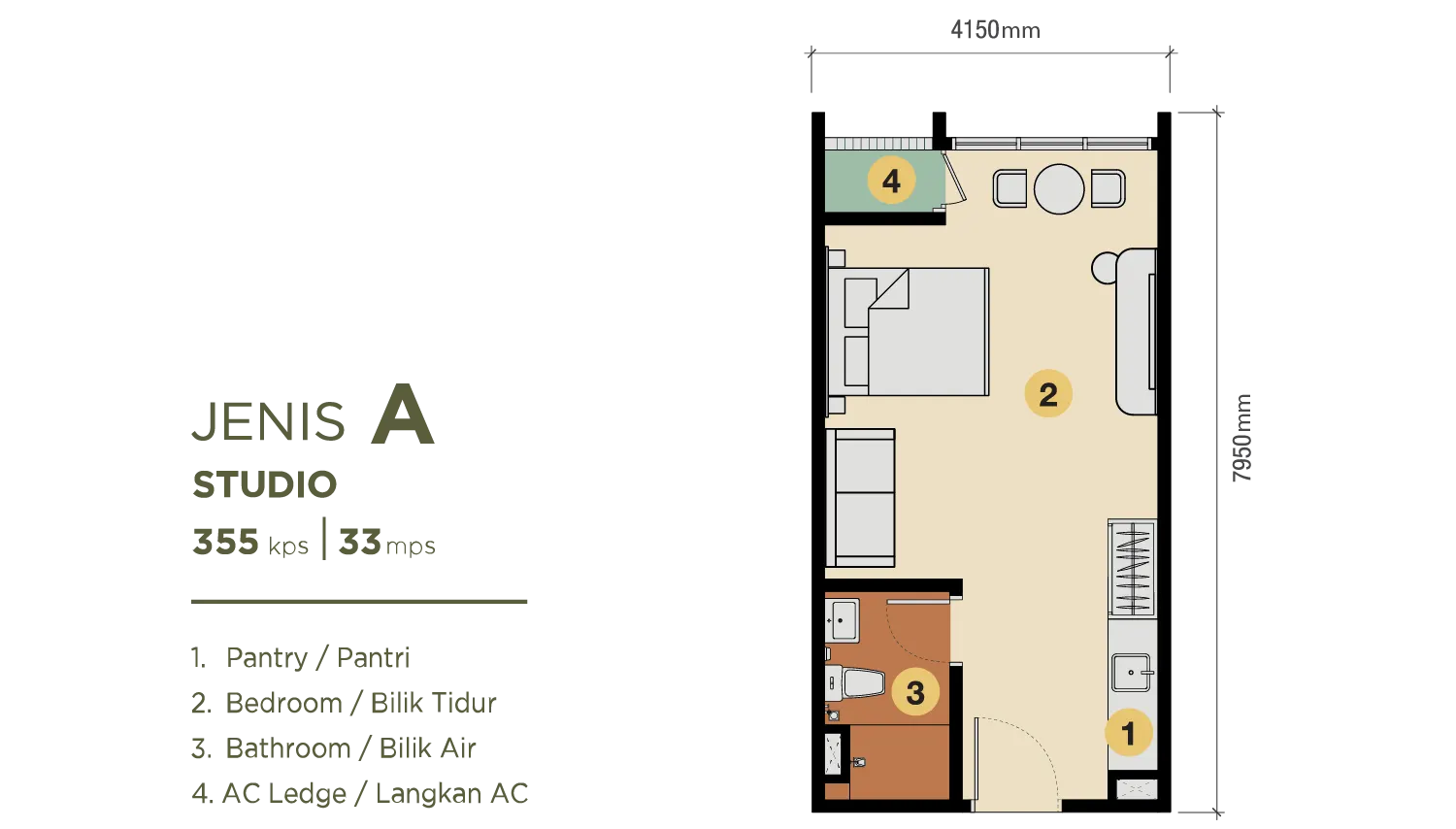 Erinaz Suites JENIS A | STUDIO 355 kps | 33 mps floor plan