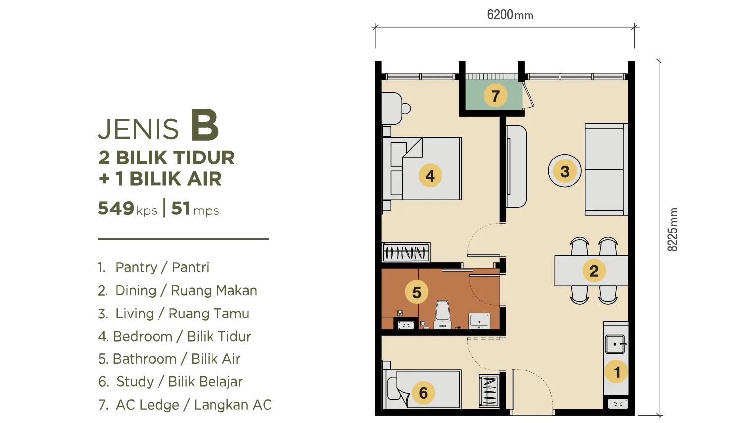 Erinaz Suites JENIS B | 2 BILIK TIDUR + 1 BILIK AIR 549kps | 51 mps floor plan