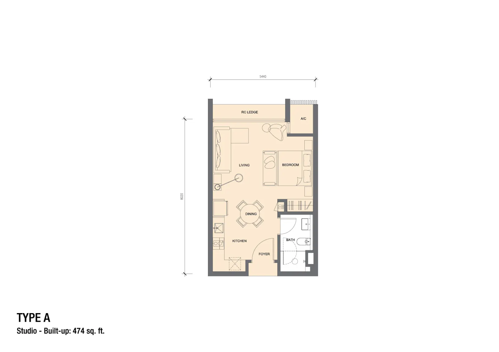Grand Medini Residences Type A - 474 sq.ft. floor plan