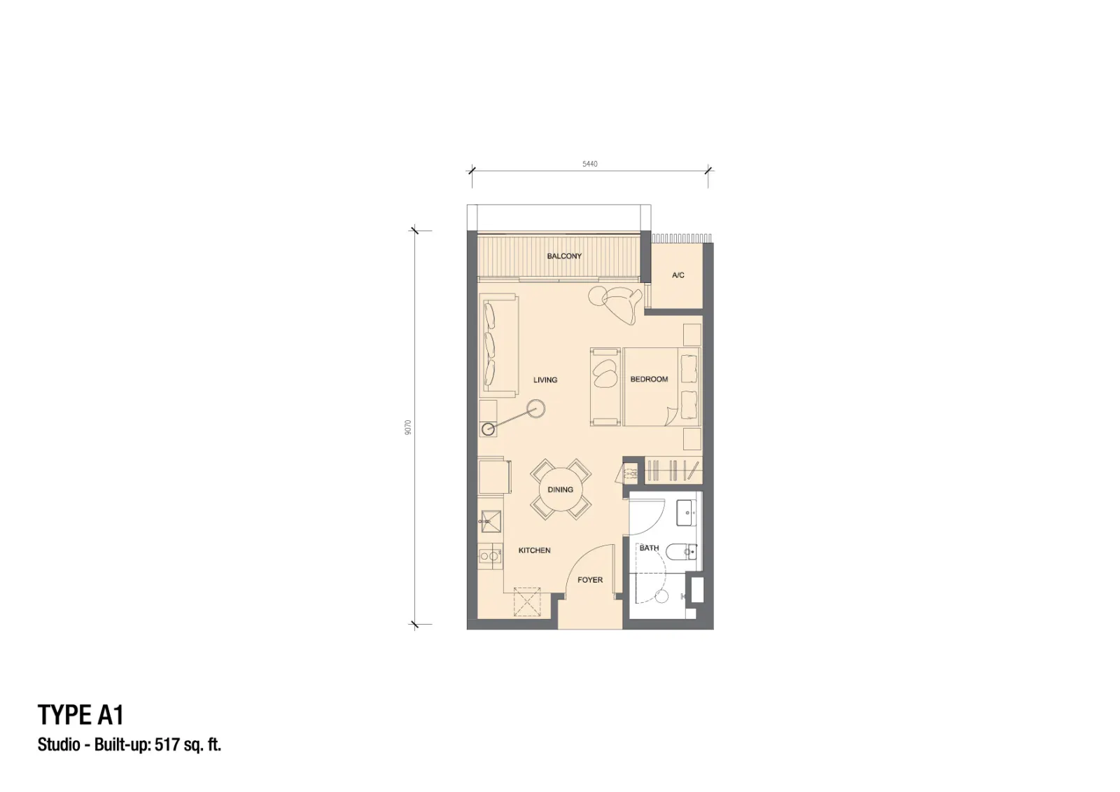 Grand Medini Residences Type A1 - 517 sq.ft. floor plan