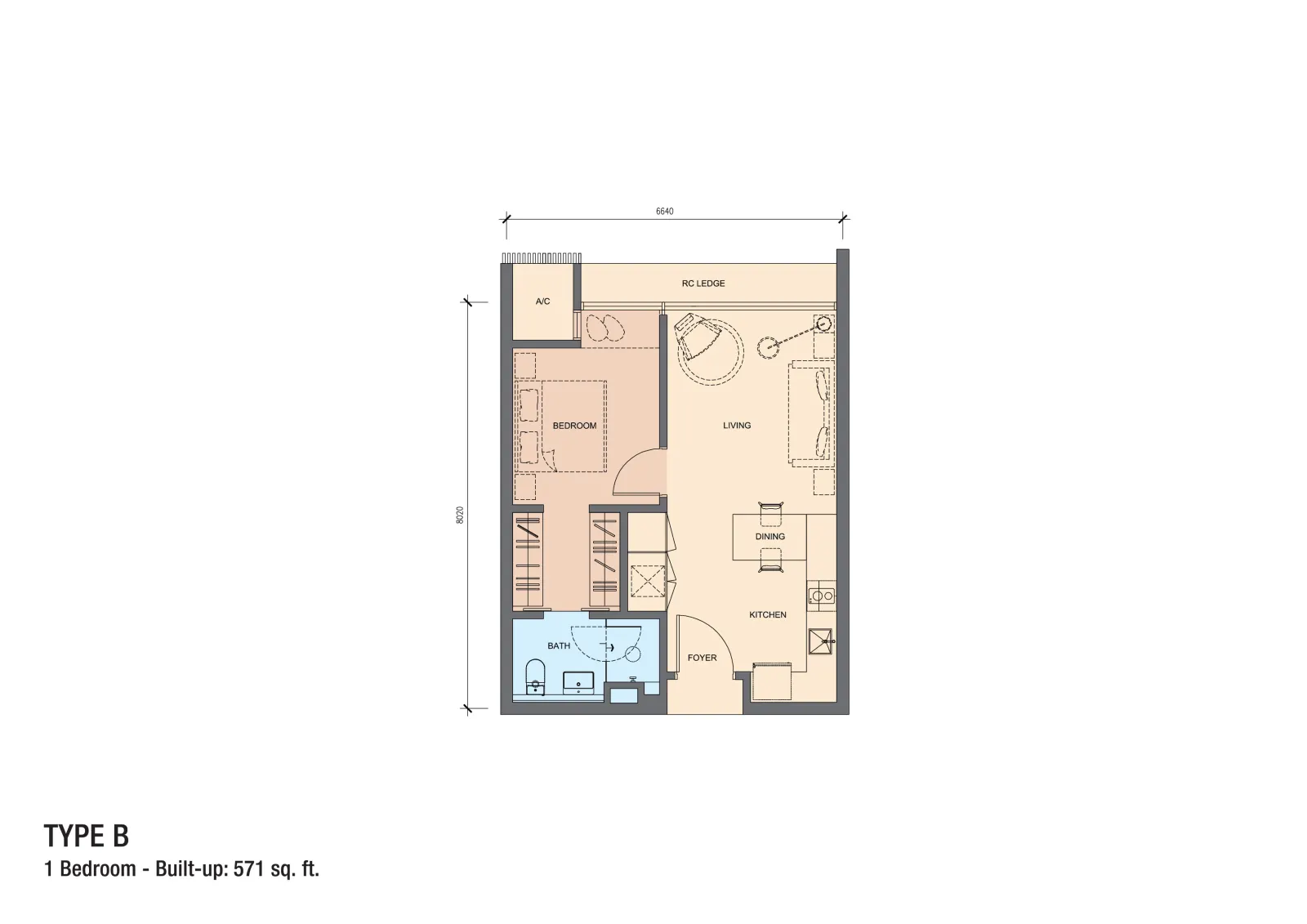 Grand Medini Residences Type B - 571 sq.ft. floor plan