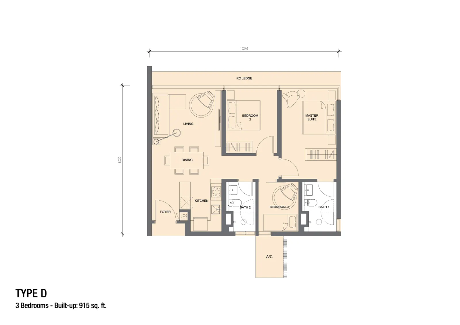 Grand Medini Residences Type D - 915 sq.ft. floor plan