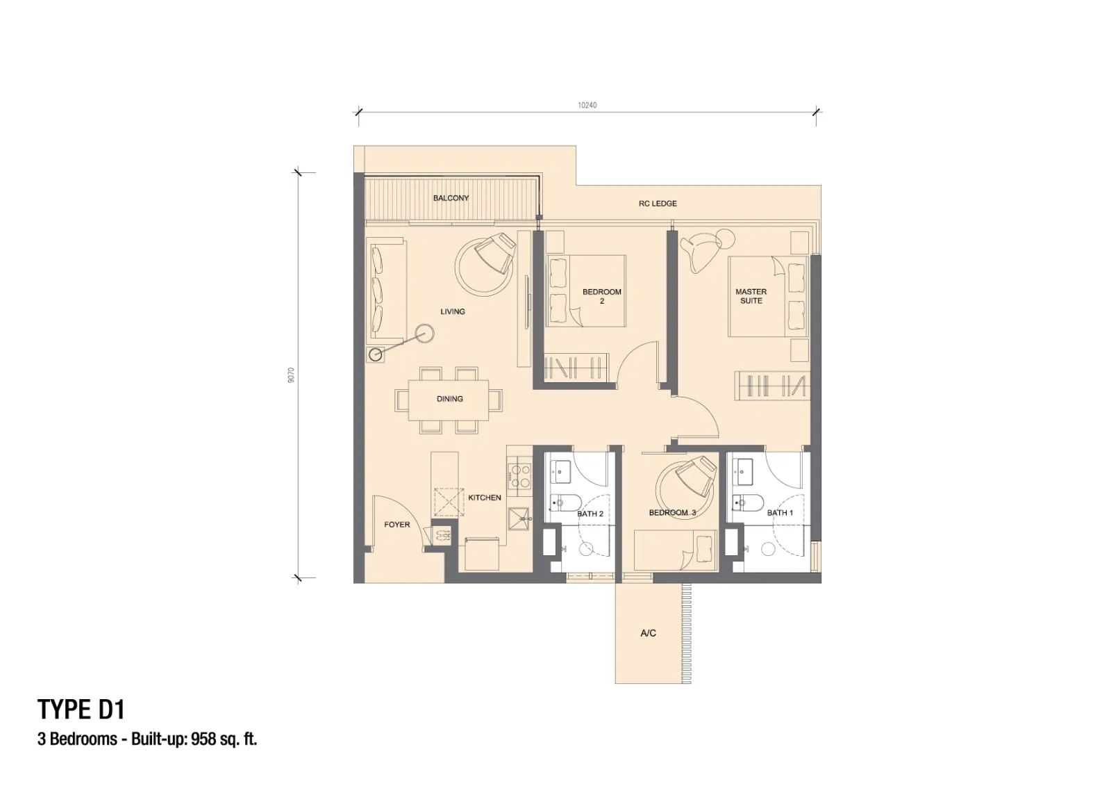 Grand Medini Residences Type D1 - 958 sq.ft. floor plan