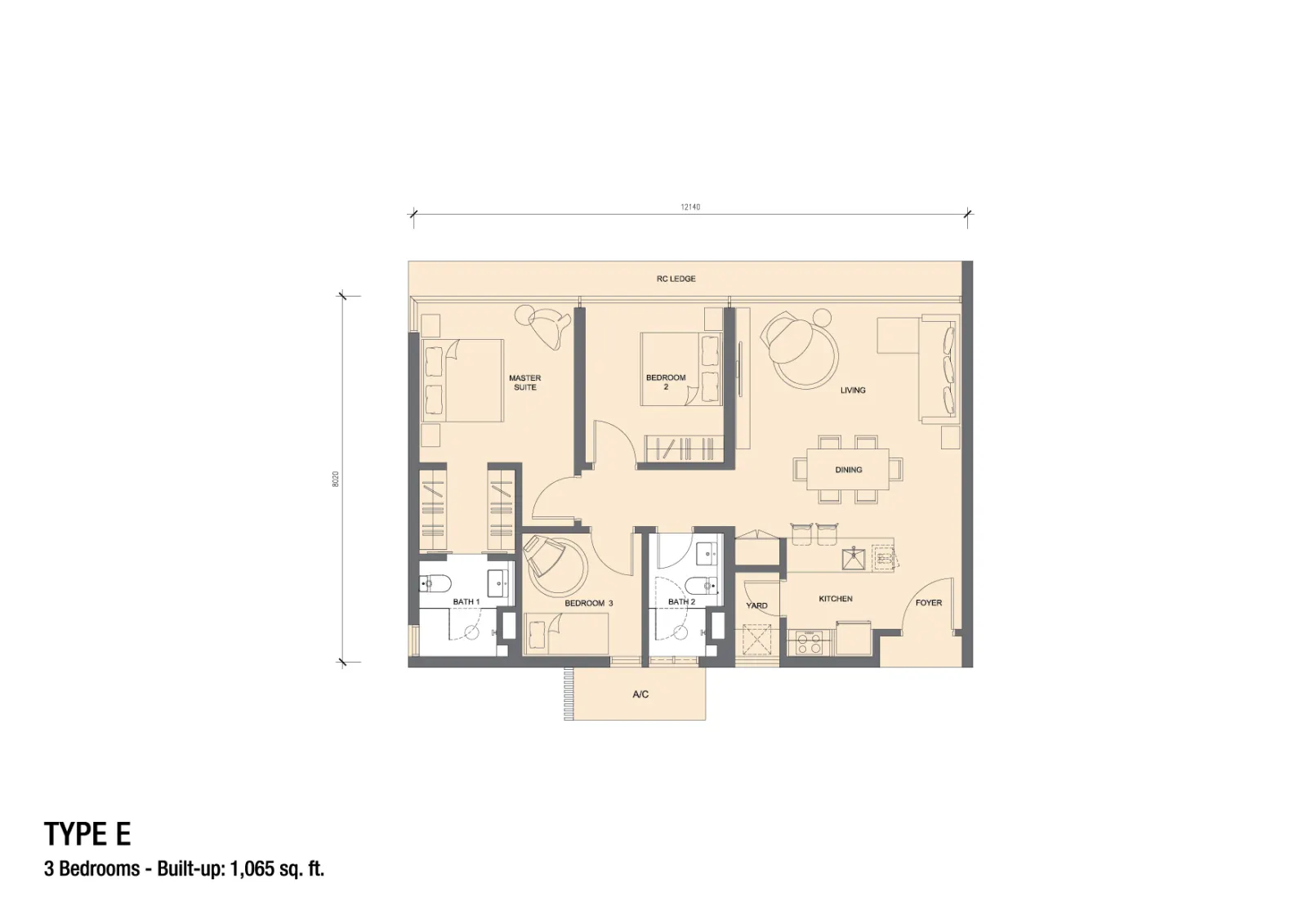 Grand Medini Residences Type E - 1065 sq.ft. floor plan