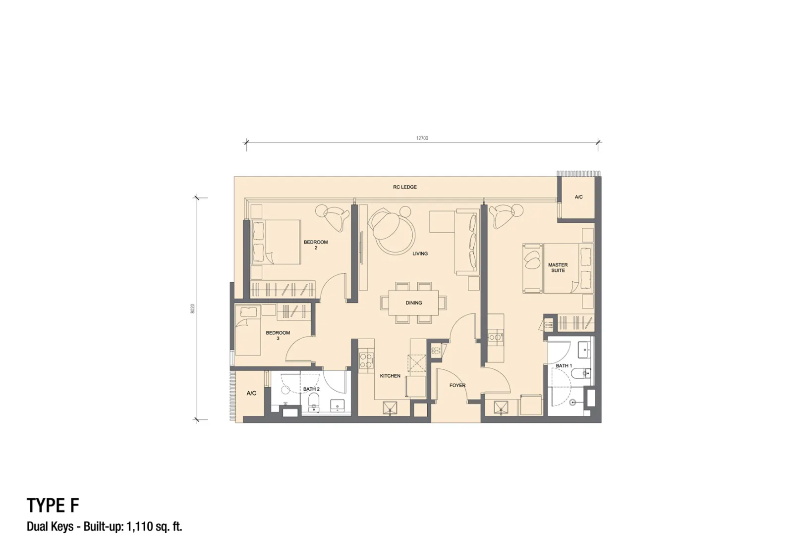 Grand Medini Residences Type F - 1110 sq.ft. floor plan