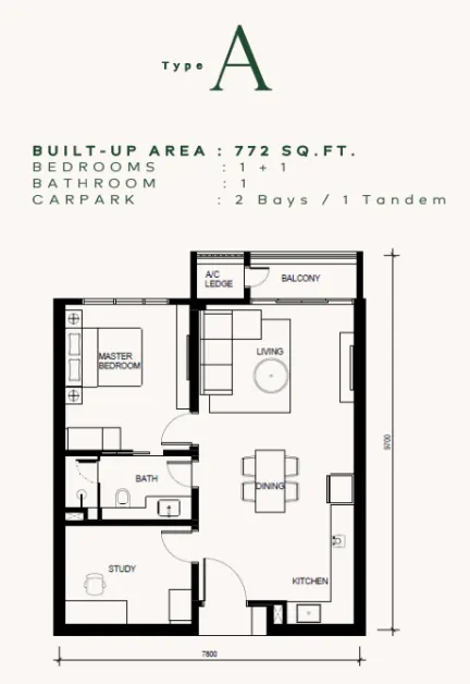 Khaya Residences Type A - 772 sqft floor plan