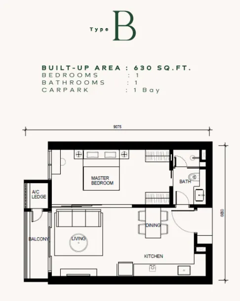 Khaya Residences Type B - 630 sqft floor plan
