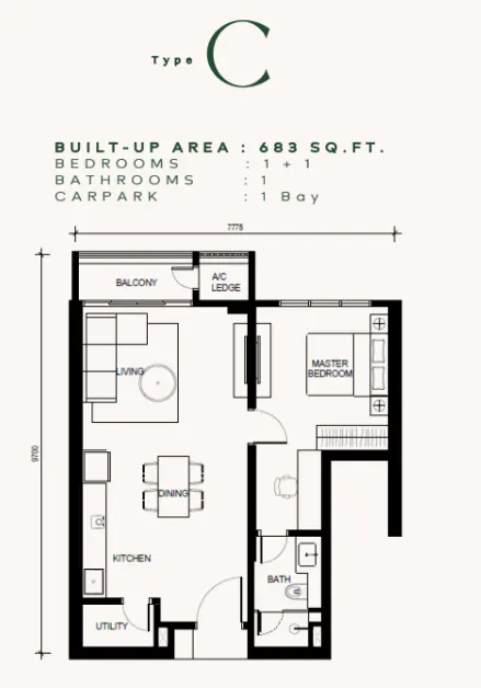 Khaya Residences Type C - 683 sqft floor plan
