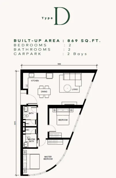 Khaya Residences Type D - 869 sqft floor plan