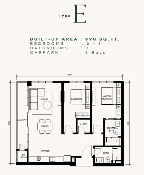 Khaya Residences Type E - 998 sqft floor plan