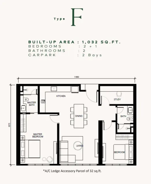 Khaya Residences Type F - 1,032 sqft floor plan