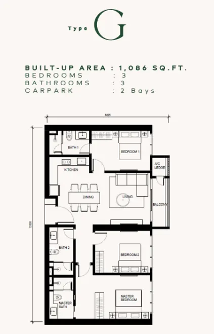 Khaya Residences Type G - 1,086 sqft floor plan