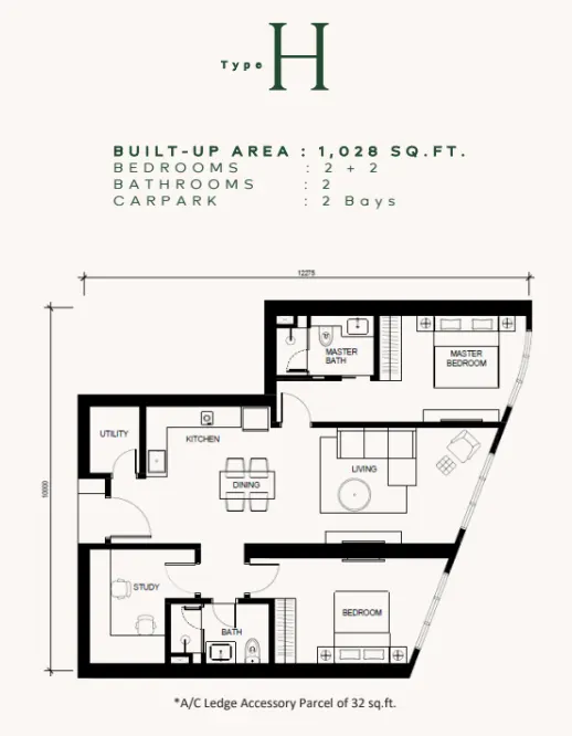 Khaya Residences Type H - 1,028 sqft floor plan
