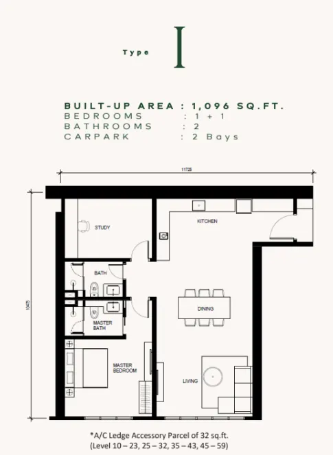 Khaya Residences Type I - 1,096 sqft floor plan