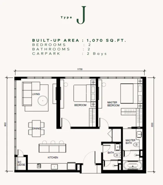 Khaya Residences Type J - 1,070 sqft floor plan