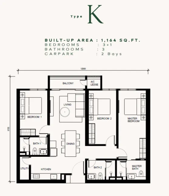 Khaya Residences Type K - 1,164 sqft floor plan