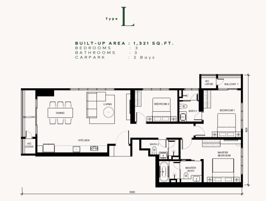Khaya Residences Type L - 1,321 sqft floor plan