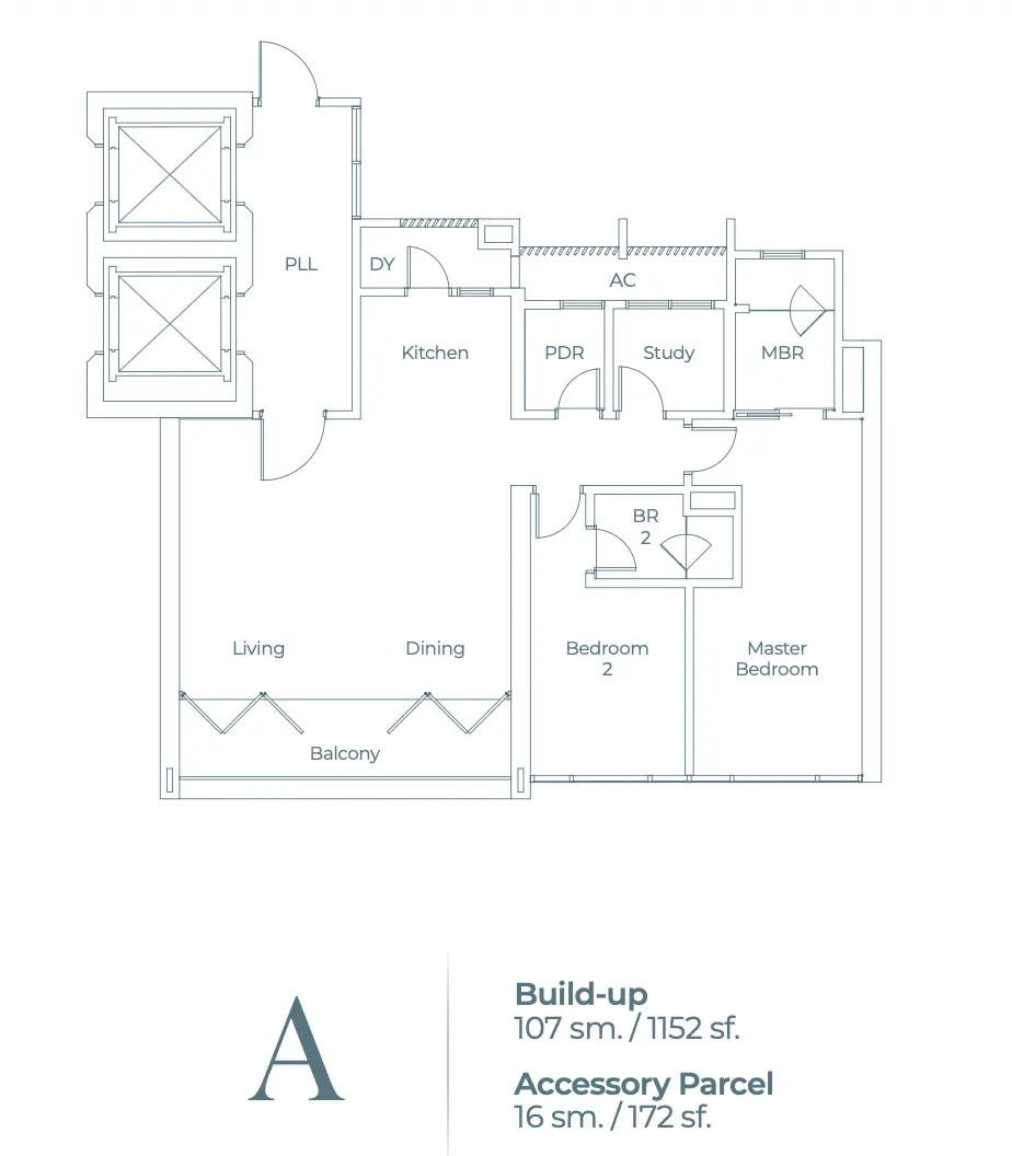 Lightwater Residences Type A - Build-up 107 sm. / 1152 sf. floor plan