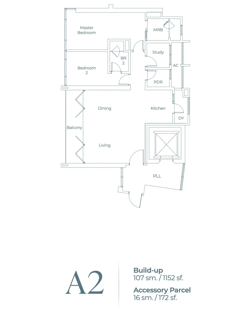 Lightwater Residences Type A2 - Build-up 107 sm. / 1152 sf. floor plan