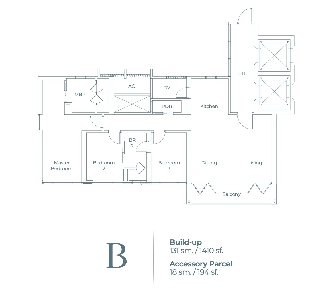 Lightwater Residences Type B - Build-up 131 sm. / 1410 sf. floor plan