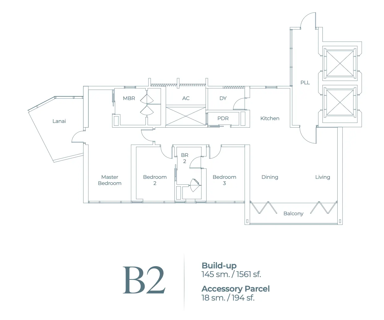 Lightwater Residences Type B2 - Build-up 145 sm. / 1561 sf. floor plan