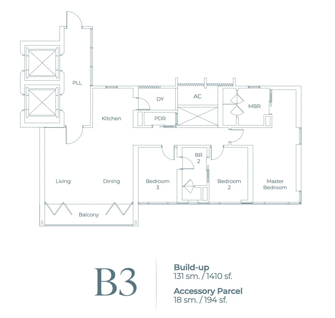 Lightwater Residences Type B3 - Build-up 131 sm. /1410 sf. floor plan