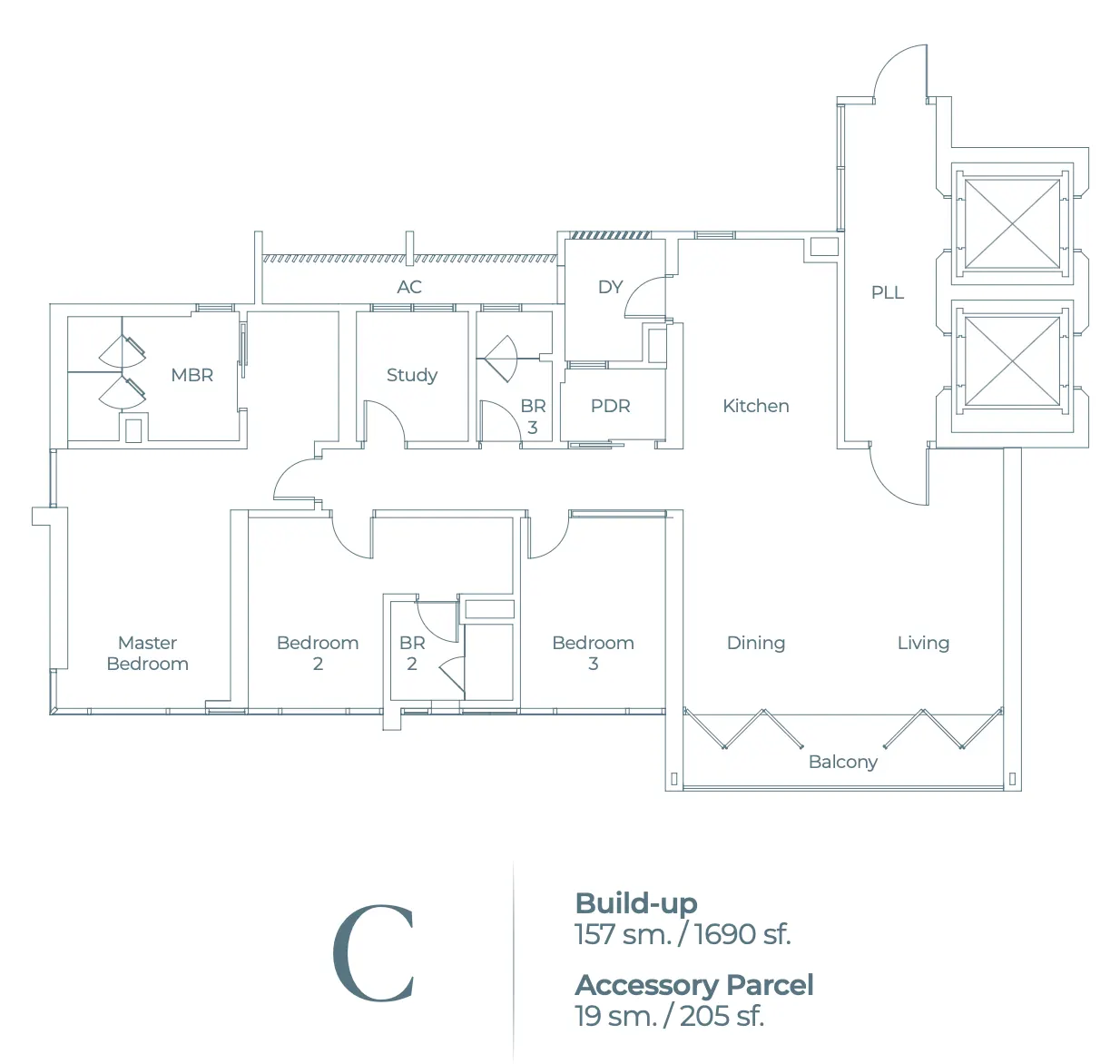 Lightwater Residences Type C - Build-up 157 sm. / 1690 sf. floor plan