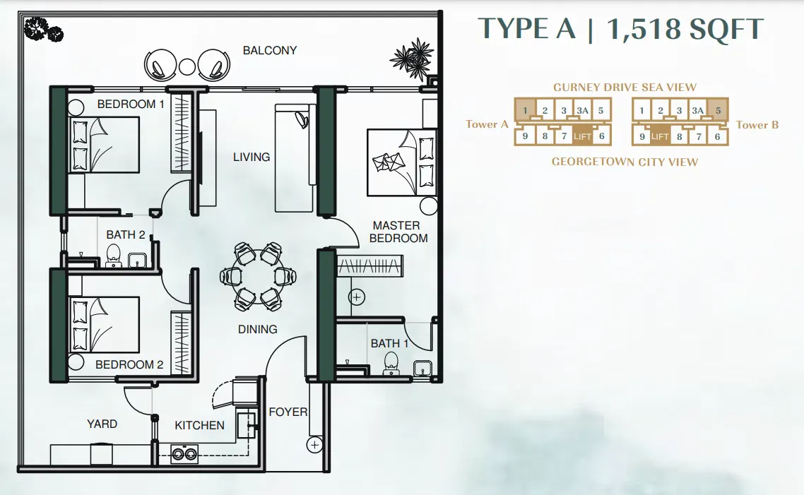 Lumina Residence Georgetown Type A — 1,518 sqf floor plan