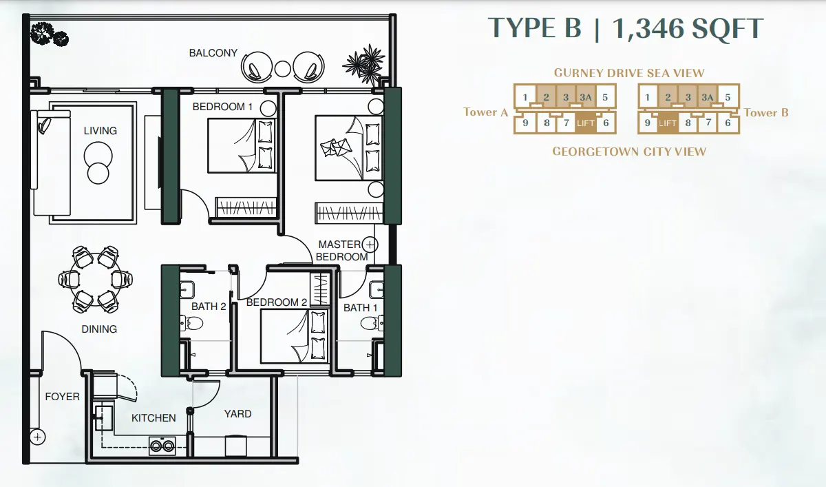 Lumina Residence Georgetown Type B — 1,346 sqft floor plan